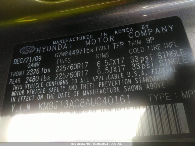 36067799 :رقم المزاد ، KM8JT3AC8AU040161 vin ، 2010 Hyundai Tucson Gls مزاد بيع