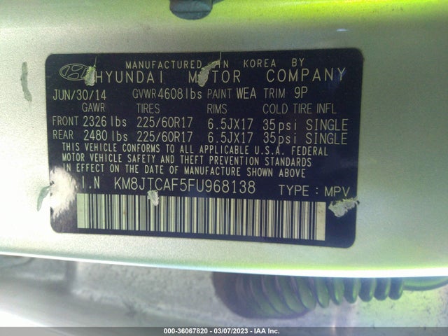 2015 HYUNDAI TUCSON GLS VIN: KM8JTCAF5FU968138