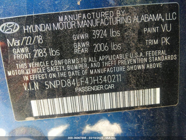 Hyundai ELANTRA SEL 2018 5NPD84LF4JH340211 Image 10