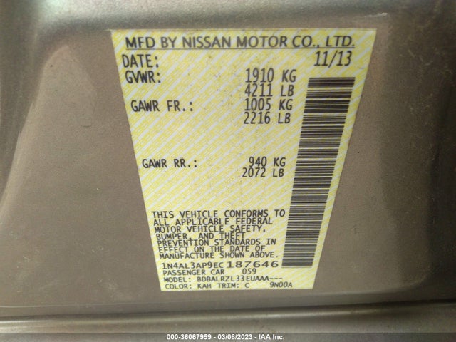 Nissan Altima 2.5 S 2014 1N4AL3AP9EC187646 Image 9