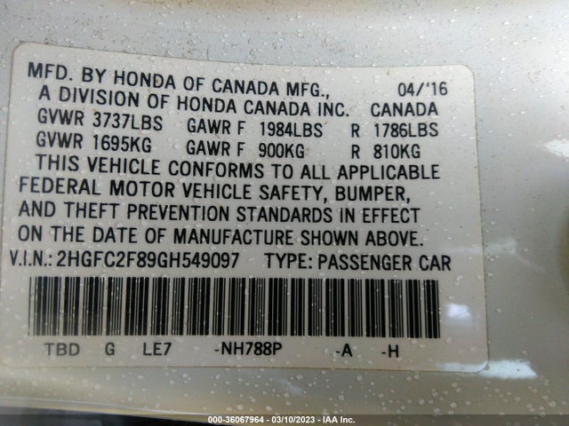 2016 HONDA CIVIC SEDAN EX VIN: 2HGFC2F89GH549097