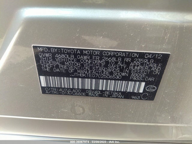 JTHBK1EG7C2506530 Lexus ES 350