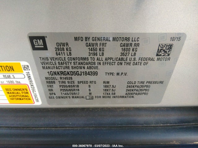 Chevrolet Traverse Lt 2016 1GNKRGKD5GJ184399 Image 10