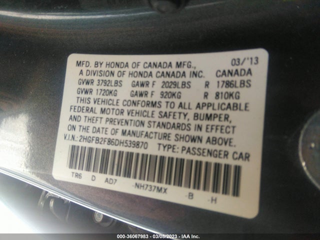 2013 HONDA CIVIC SDN EX VIN: 2HGFB2F86DH539870