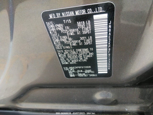 2015 Nissan Quest, VIN: JN8AE2KP9F9133506