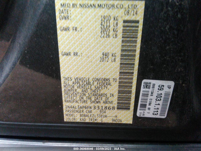 Nissan Altima 2.5 S 2015 1N4AL3AP6FN331868 Image 9