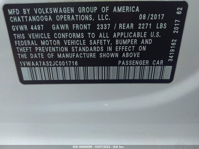 1VWAA7A32JC001716 Volkswagen Passat 2.0t S/r-line