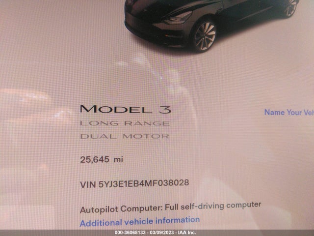 2021 TESLA MODEL 3 LONG RANGE VIN: 5YJ3E1EB4MF038028