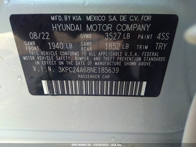 2022 HYUNDAI ACCENT SE VIN: 3KPC24A68NE185639