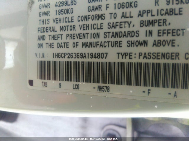 Honda ACCORD SDN 2009 1HGCP26369A194807 Image 10