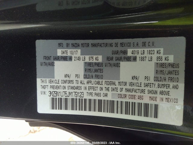 36068195 :رقم المزاد ، 3MZBN1U75JM179123 vin ، 2018 Mazda Mazda3 4-door Sport مزاد بيع