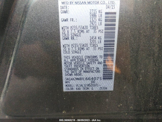 Nissan Pathfinder S/sv/platinum/sl 2015 5N1AR2MN8FC664075 Image 9