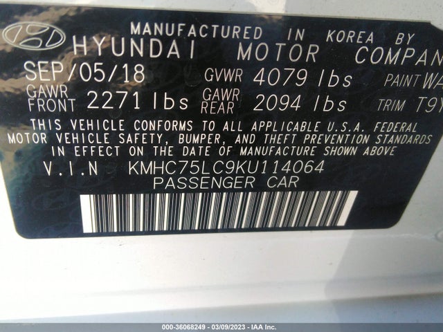 2019 HYUNDAI IONIQ HYBRID SEL VIN: KMHC75LC9KU114064