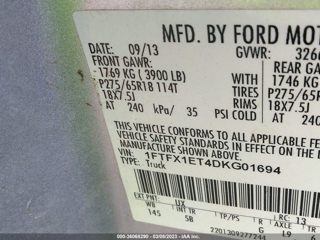2013 FORD F-150 XL/XLT/FX4/LARIAT VIN: 1FTFX1ET4DKG01694