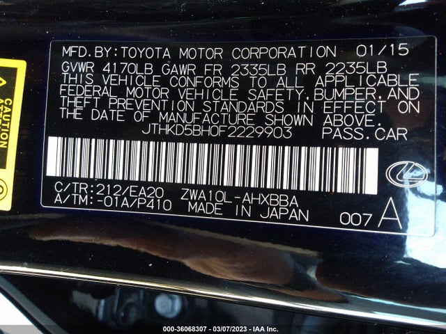 JTHKD5BH0F2229903 Lexus Ct 200h Hybrid