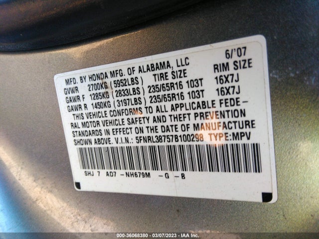 2007 HONDA ODYSSEY EX-L VIN: 5FNRL38757B100298