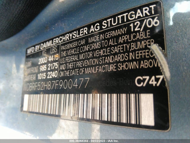 2007 MERCEDES-BENZ C-CLASS 2.5L SPORT VIN: WDBRF52H87F900477