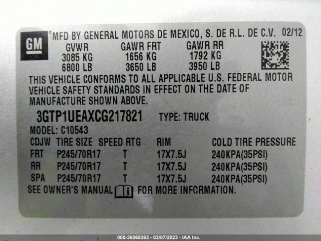 3GTP1UEAXCG217821 GMC Sierra 1500 Sl