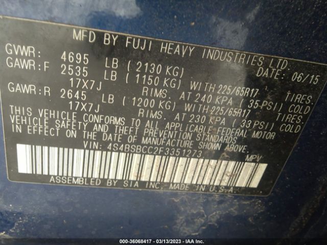 4S4BSBCC2F3351273 Subaru Outback 2.5i Premium