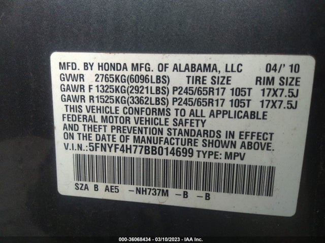 Honda Pilot 2011 5FNYF4H77BB014699 Image 9