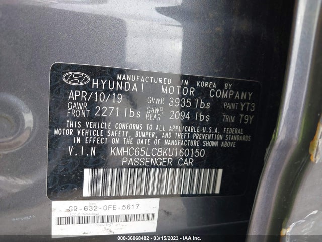2019 HYUNDAI IONIQ HYBRID BLUE VIN: KMHC65LC8KU160150