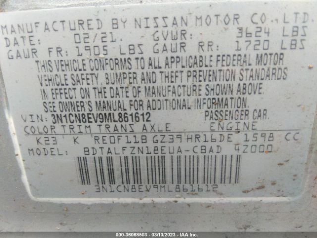 3N1CN8EV9ML861612 Nissan VERSA SV