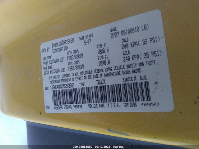Dodge DAKOTA SLT 2007 1D7HE48KX7S263361 Image 9