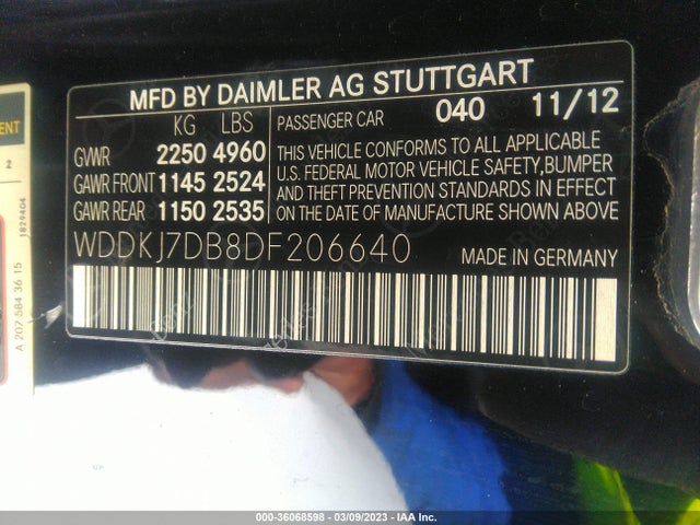 2013 MERCEDES-BENZ E-CLASS E 550 VIN: WDDKJ7DB8DF206640