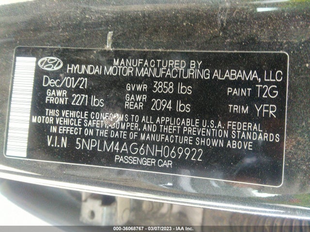 2022 HYUNDAI ELANTRA SEL VIN: 5NPLM4AG6NH069922