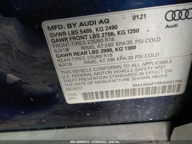 Audi Q5 PREMIUM 2021 WA1AAAFY5M2053785 Image 9