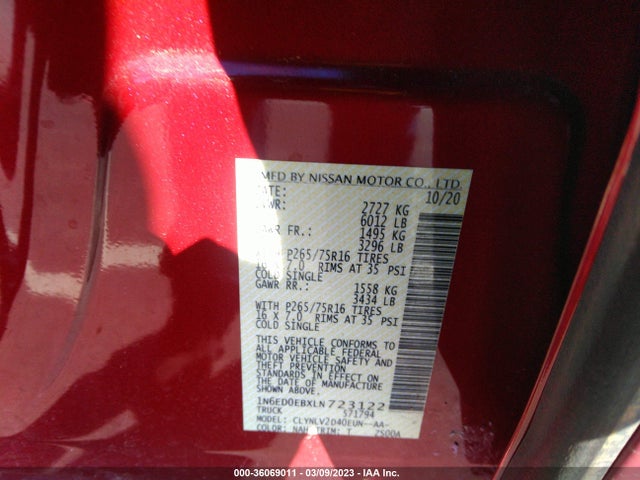 2020 Nissan Frontier, VIN: 1N6ED0EBXLN723122
