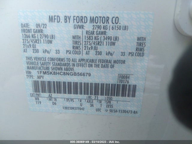 Ford Explorer Platinum 2022 1FM5K8HC8NGB56679 Image 10