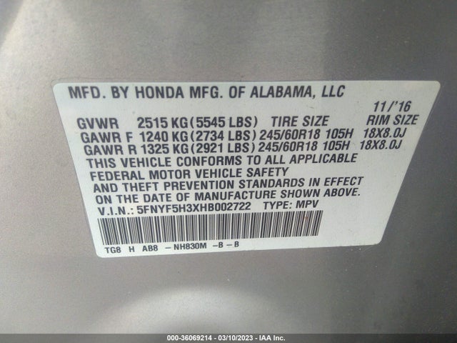 Honda Pilot Ex 2017 5FNYF5H3XHB002722 Image 9