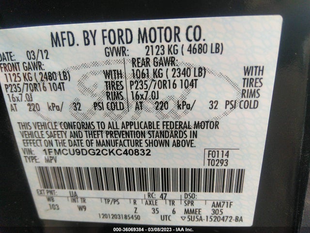 2012 FORD ESCAPE XLT VIN: 1FMCU9DG2CKC40832