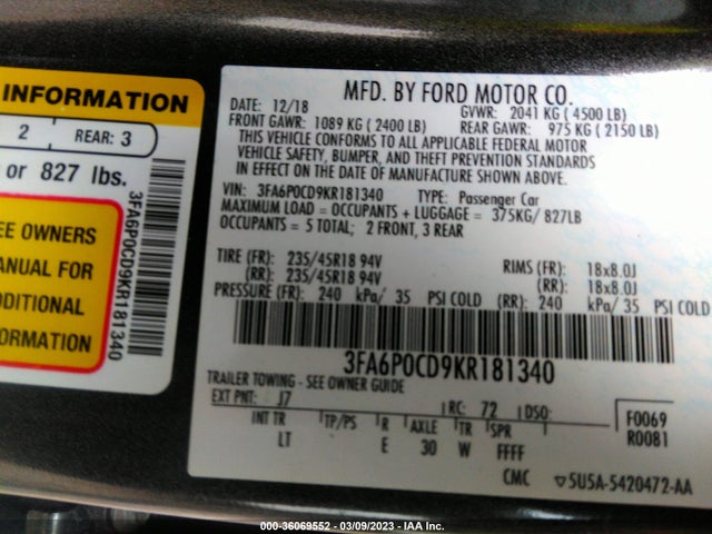 2019 FORD FUSION SEL VIN: 3FA6P0CD9KR181340