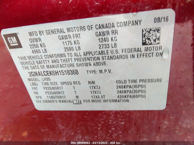 Chevrolet EQUINOX LT 2017 2GNALCEK6H1518368 Image 9