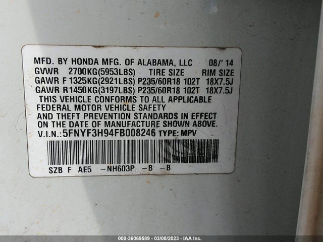 Honda Pilot Touring 2015 5FNYF3H94FB008246 Image 9