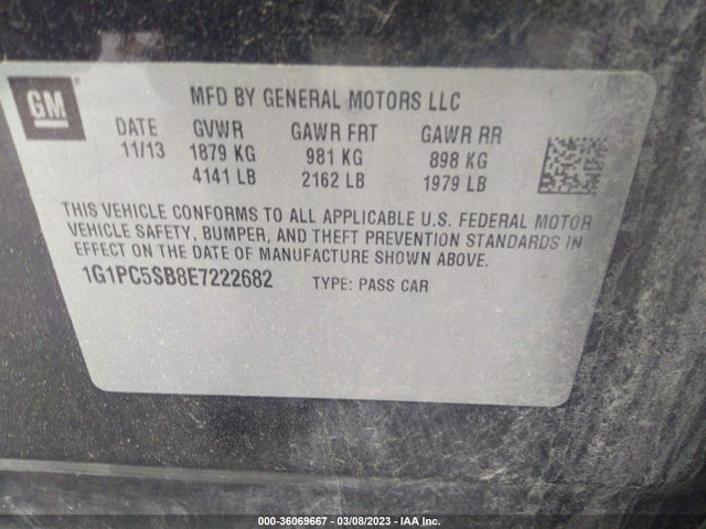 2014 CHEVROLET CRUZE 1LT VIN: 1G1PC5SB8E7222682