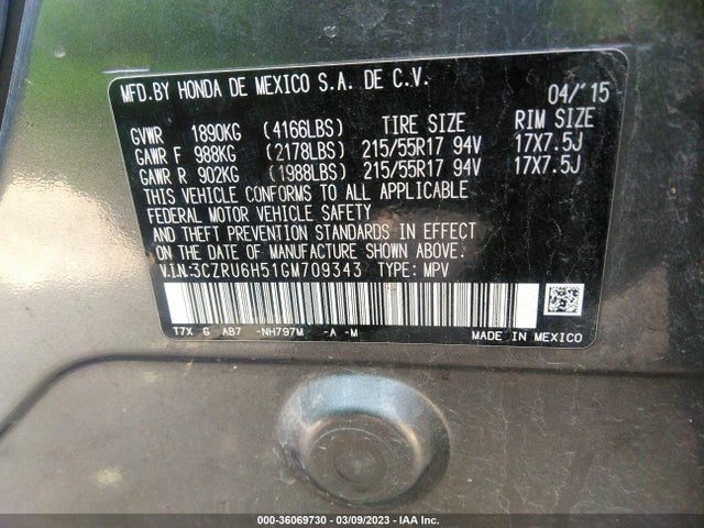 Honda HR-V EX 2016 3CZRU6H51GM709343 Image 9