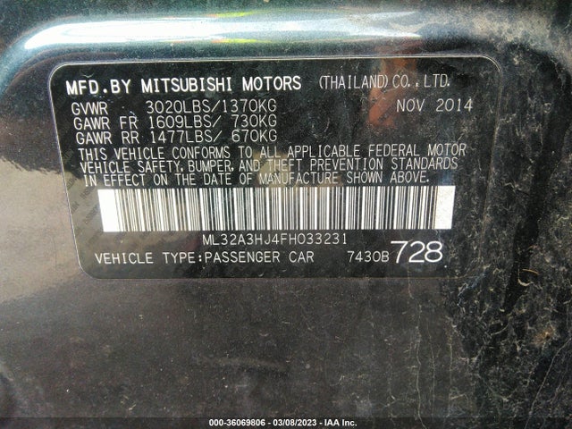 2015 MITSUBISHI MIRAGE DE/RF VIN: ML32A3HJ4FH033231