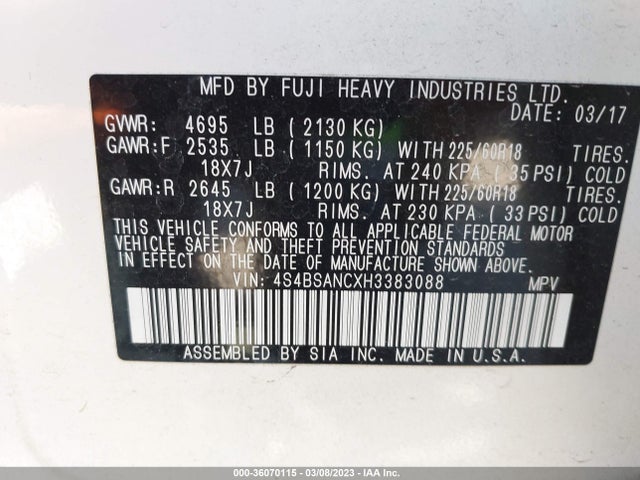 Subaru Outback Limited 2017 4S4BSANCXH3383088 Image 11