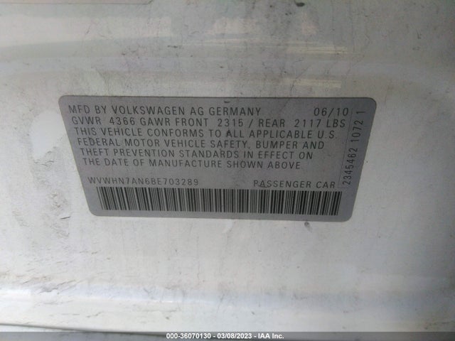 2011 VOLKSWAGEN CC LUX PLUS VIN: WVWHN7AN6BE703289