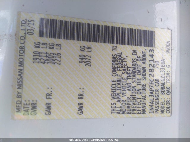 Nissan ALTIMA 2.5 2015 1N4AL3AP7FC282143 Image 9