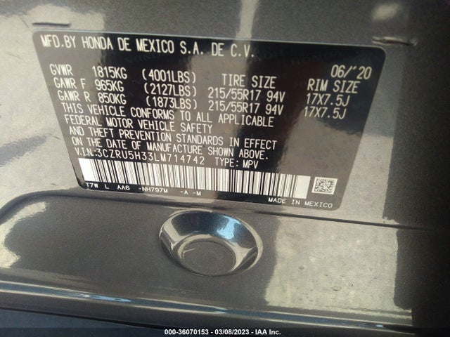 Honda HR-V LX 2020 3CZRU5H33LM714742 Image 9
