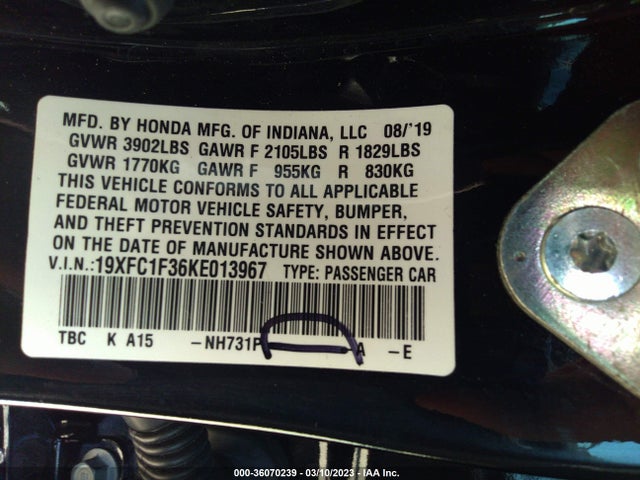Honda Civic Sedan Ex 2019 19XFC1F36KE013967 Image 9
