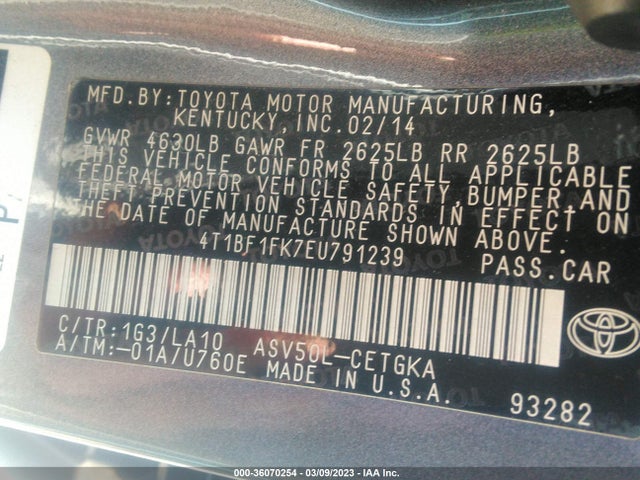 2014 TOYOTA CAMRY L/LE/XLE/SE/SE SPORT VIN: 4T1BF1FK7EU791239
