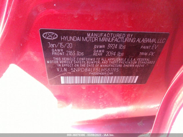 Hyundai ELANTRA SEL 2020 5NPD84LF5LH581195 Image 10