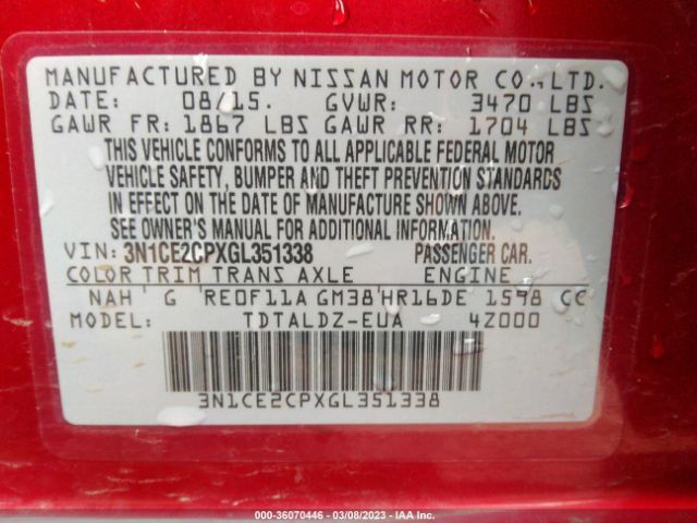 3N1CE2CPXGL351338 Nissan Versa Note S/s Plus/sv/sr/sl