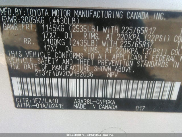 2012 TOYOTA RAV4 LIMITED VIN: 2T3YF4DV2CW152036
