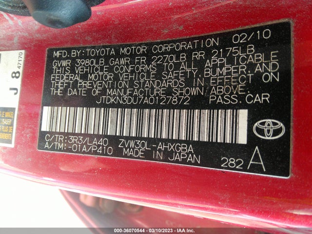 2010 TOYOTA PRIUS II/III/IV/V/I VIN: JTDKN3DU7A0127872